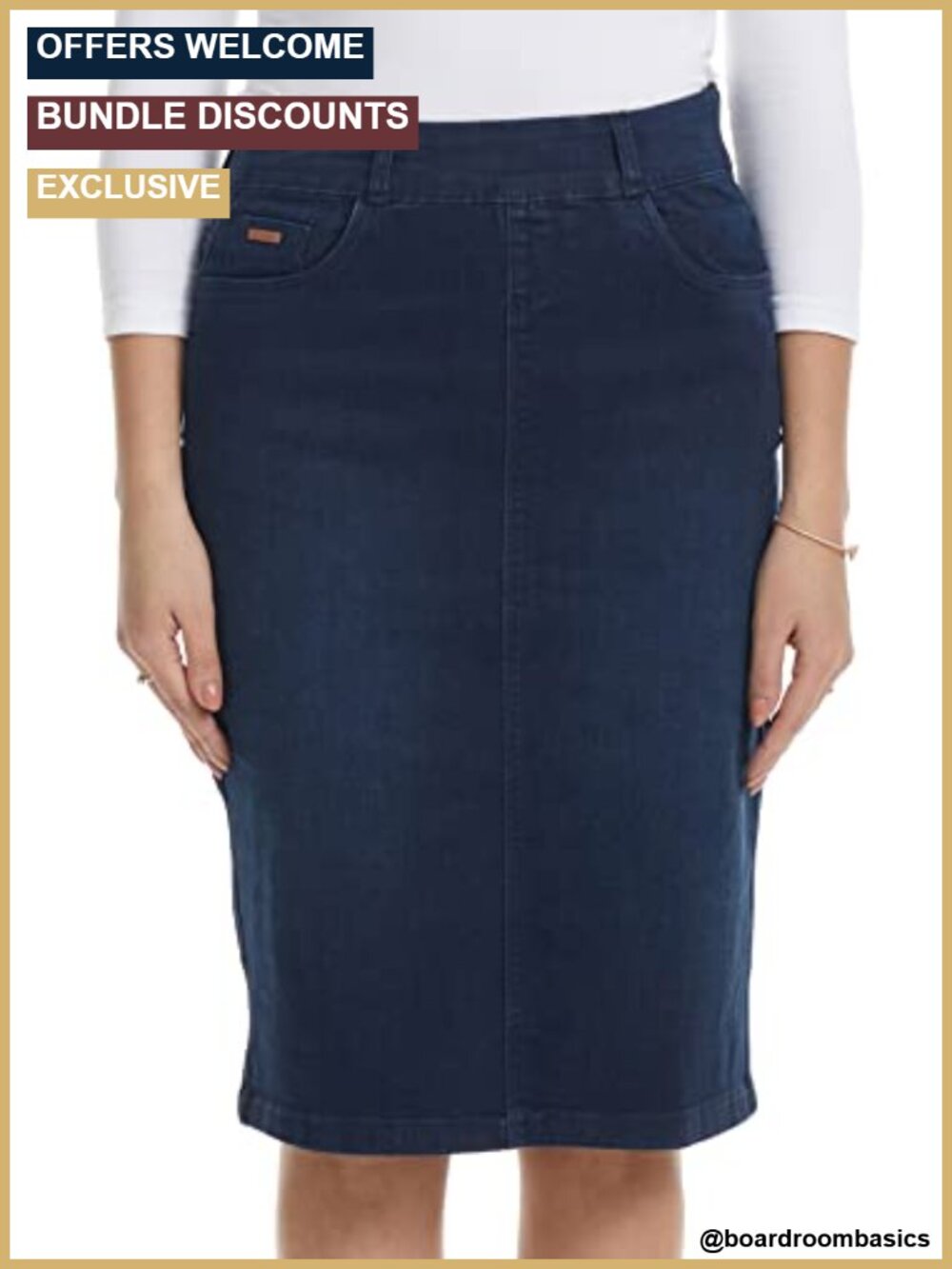 Straight Fit Knee-Length Stretch Denim Jean Skirt with Pockets
